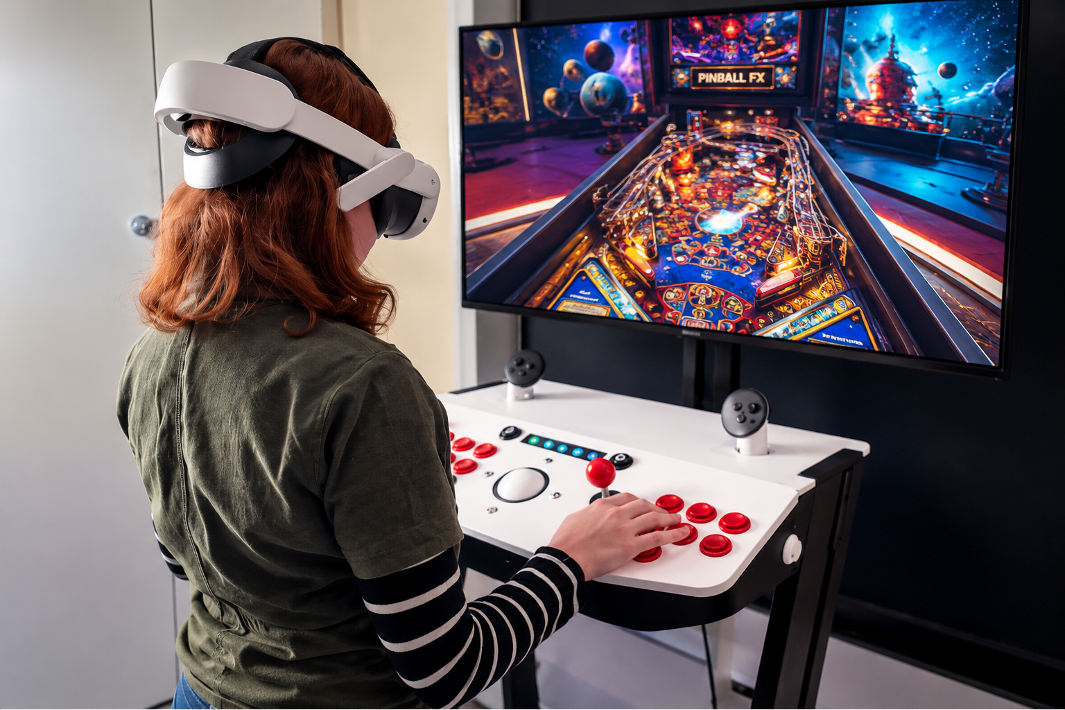 Player using the white X-Arcade Tankstick while wearing a Meta Quest 3